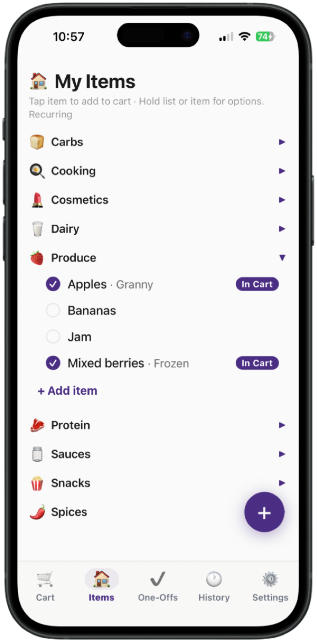 My Items screen with shopping lists organized by category