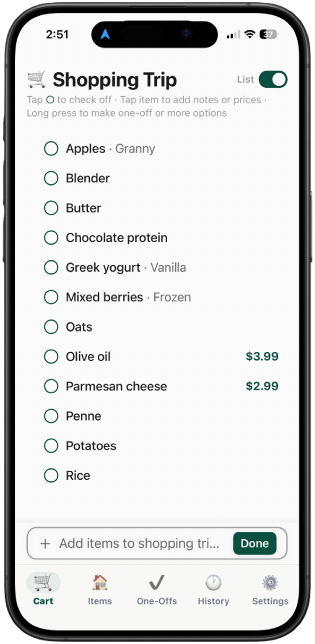 Shopping Trip screen with items, notes, and prices